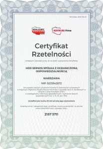 Certyfikat Rzetelnosci HDD SERWIS [PL]